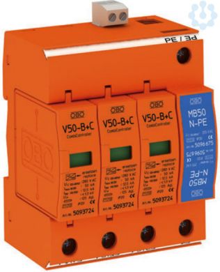 Obo Bettermann Lightning current and surge arrestor, 3-pole + NPE with remote signalling, 280V, V50-B+C 3+NPE+FS 5093662 | Elektrika.lv