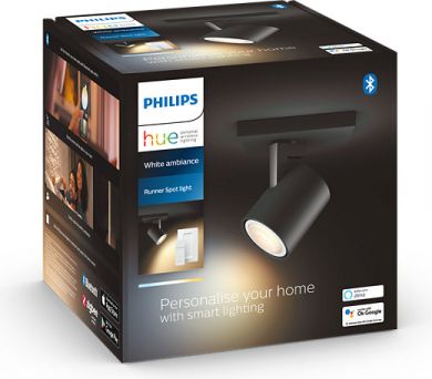 Philips Hue Runner viens gaismeklis, melns 1x5W White Ambiance + Dimmer 929003045901 | Elektrika.lv