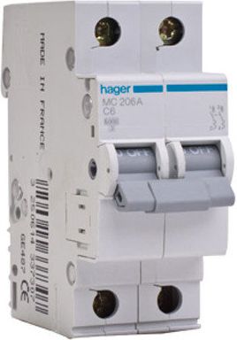 Hager Miniature Circuit Breaker 6kA 2P C 6A MC206A | Elektrika.lv