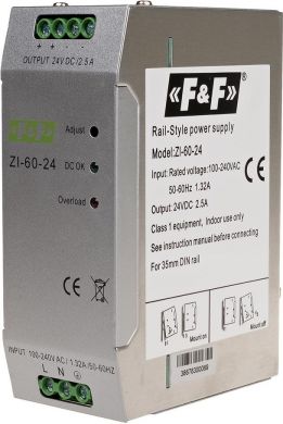 F&F Impulsa barošanas bloks 90-264V AC/120-370V DC 24V DC, P=60W ZI-60-24 | Elektrika.lv
