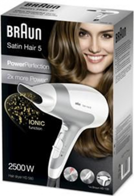 Braun Braun | Hair Dryer | Satin Hair 5 HD 580 | 2500 W | Number of temperature settings 3 | Ionic function | White/ silver HD 580