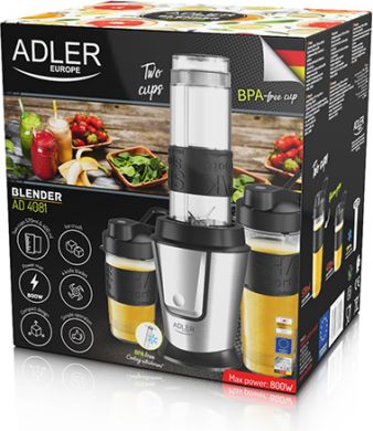 ADLER Adler | Blender | AD 4081 | Tabletop | 800 W | Jar material BPA Free Plastic | Jar capacity 0.57 and 0.4 L | Ice crushing | Black/Stainless steel AD 4081