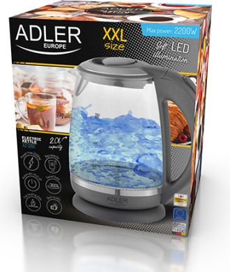 ADLER Electric Kettle Standard, 2200 W, 2 L, Plastic/ glass, Grey/ transparent AD 1286 | Elektrika.lv