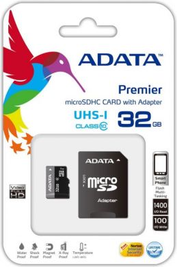 Adata Atmiņas karte Premier UHS-I 32 GB, SDHC, Class 10, SD adapter, Melna AUSDH32GUICL10-RA1 | Elektrika.lv