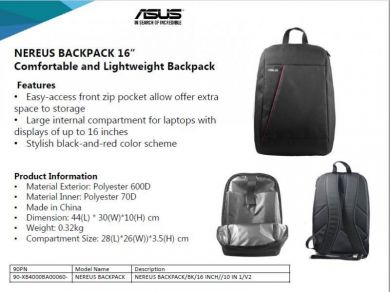 Asus Asus | Fits up to size 16 " | NEREUS | Backpack | Black 90-XB4000BA00060-