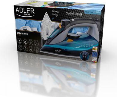 ADLER Adler Iron AD 5032 Blue/Grey, 3000 W, Steam Iron, Continuous steam 45 g/min, Steam boost performance 80 g/min, Water tank capacity 350 ml AD 5032 | Elektrika.lv