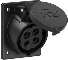 PCE CEE-flanged socket 4x16A (3P+E) 7h IP44 black 70x85, sloping 414-7 | Elektrika.lv