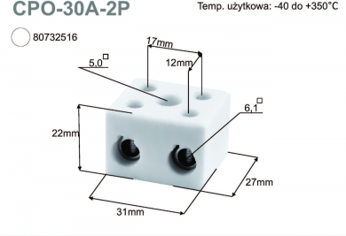 Simet SA Terminal сeramic CPO-30A-2P 16 mm&sup2;, white 80732516 | Elektrika.lv