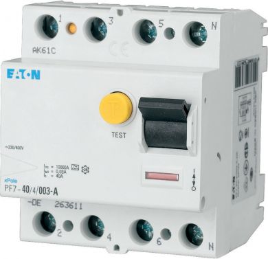 EATON 4P 100A 300mA type AC Noplūdes strāvas slēdzis PF7-100/4/03 102927 | Elektrika.lv