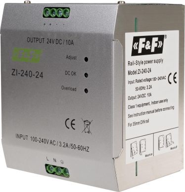 F&F Импульсный блок питания 10A, 240W, 90÷264 V AC/120÷370 V DC, 47÷63 Hz, ZI-240-24V ZI-240-24V | Elektrika.lv