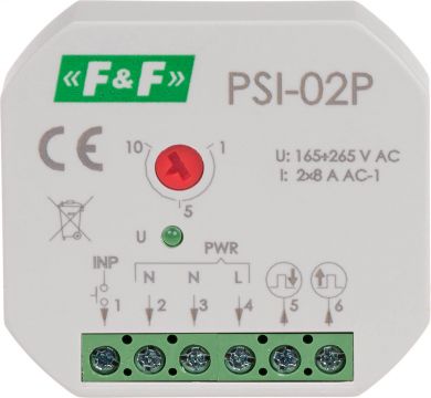 F&F Nepārtraukta impulsa signāla pārveidotājs, 165÷265V maiņstrāva, 2x8A, 2xNO/NC PSI-02P | Elektrika.lv