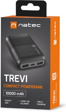 Natec Natec | Trevi Compact | Power Bank | 10000 mAh | 1 x USB-C, 2 x USB A, 1x Micro USB | Black NPB-1941