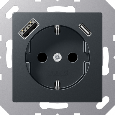 Jung Kontaktligzda, 16A/250V, z/a, ar USB-A un USB-C lādētājiem, matēts antracīts, A500 A1520-15CAANM | Elektrika.lv
