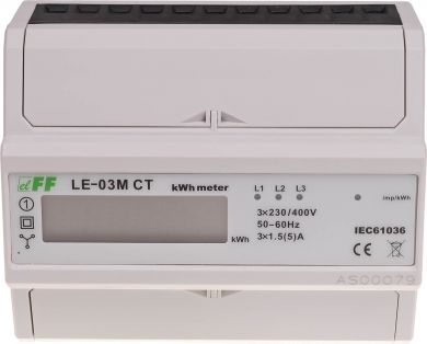 F&F Elektroenerģijas skaitītājs, 3 fāžu, ar programmējamu pārnesumu; RS-485 port + Modbus RTU, LCD, 1. klase, 3x400V+N, 1.5A LE-03M-CT | Elektrika.lv