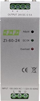 F&F Pulse power supply 90÷264 V AC/120÷370 V DC, 47÷63Hz, 2.5A, 24VDC, 60W, ZI-60-24V ZI-60-24V | Elektrika.lv