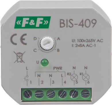 F&F Electronic bistable pulse relay, 165&divide;265 VAC, 2x8A, 2xNO, BIS-409 BIS-409 | Elektrika.lv