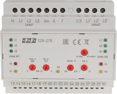 F&F Power line controller 3x400V+N, 24÷264VAC, 45÷55Hz, 450VAC, 2 controlled lines, 16A SZR-278 | Elektrika.lv