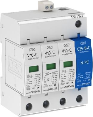 Obo Bettermann Разрядник для защиты от перенапряжений 3-полюсный + NPE, с дистанционной сигнализацией, 280В, V10-C 3+NPE+FS 5094931 | Elektrika.lv