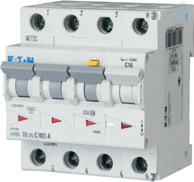 EATON 3N 16A 100mA C-LS, FI char: A Residual-current circuit breaker with overcurrent protection (RCBO) mRB6-16/3N/C/01-A 120664 | Elektrika.lv
