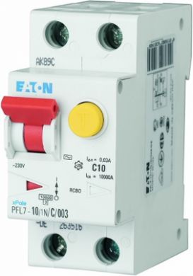 EATON 1P+N 10A 30mA B, type AC Residual-current circuit breaker with overload protection (RCBO) PFL7-10/1N/B/003-DE 263434 | Elektrika.lv