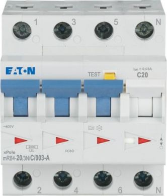 EATON 3N 20A 30mA C-LS-Char, FI-Char: A Residual-current circuit breaker with overcurrent protection (RCBO) mRB4-20/3N/C/003-A 120677 | Elektrika.lv