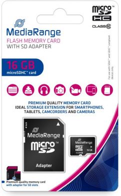 Mediarange MEMORY MICRO SDHC 16GB C10/W/ADAPTER MR958 MEDIARANGE MR958 | Elektrika.lv
