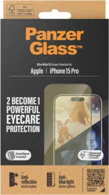 PanzerGlass PanzerGlass | Screen protector | Apple | iPhone 15 Pro | Glass | Clear | Ultra-Wide Fit; Easy installation; Fingerprint resistant; Anti-blue light; Anti-reflective; Anti-yellowing | Eyecare 2814
