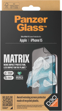 PanzerGlass PanzerGlass | Screen protector | Apple | iPhone 15 | Recycled plastic | Transparent | Ultra-Wide Fit; Easy installation; Fingerprint resistant; Anti-yellowing; Touch sensitivity | MATRIX with D3O 2817