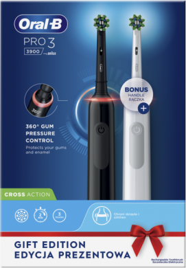 Oral-B Oral-B | Pro3 3900 Cross Action | Electric Toothbrush | Rechargeable | For adults | ml | Number of heads | Black and White | Number of brush heads included 2 | Number of teeth brushing modes 3 PRO3 3900