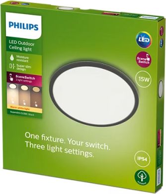 Philips Āra gaismeklis SuperSlim Ceiling SSW 15W 2700K Melns IP54 929003191301 | Elektrika.lv