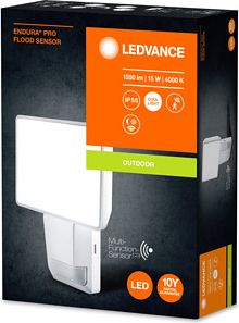 LEDVANCE LED Floodlight with sensor, white ENDURA&reg; PRO FLOOD SENSOR 15W 4000K 1500Lm IP55 IK05 840 WT 4058075228788 | Elektrika.lv