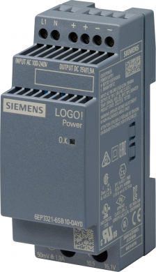 Siemens LOGO!POWER 15 V / 1.9 A Stabilized power supply input: 100-240 V AC output: DC 15 V / 1.9 A The miniature LOGO!Power power supply units in the same design as the LOGO!8 modules offer great performance in the smallest of spaces. The high degree of eff 6EP3321-6SB10-0AY0 | Elektrika.lv