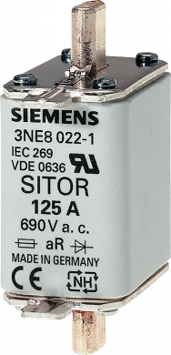 Siemens SITOR fuse link, with blade contacts, NH00, In: 125 A, aR, Un AC: 690 V, Un DC: 440 V, front indicat 3NE8022-1 | Elektrika.lv