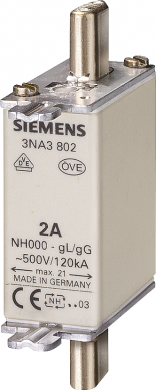 Siemens LV HRC fuse element, NH000, In: 20 A, gG, Un AC: 500 V, Un DC: 250 V, Front indicator, live grip lugs LV HBC fuse system 3NA, 3ND for selective line and plant protection. As an important component of the SENTRON protective components for electronic i 3NA3807 | Elektrika.lv