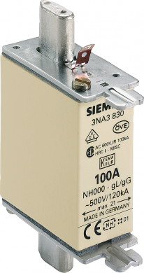 Siemens LV HRC fuse element, NH000, In: 100 A, gG, Un AC: 500 V, Un DC: 250 V, Front indicator, live grip lugs LV HBC fuse system 3NA, 3ND for selective line and plant protection. As an important component of the SENTRON protective components for electronic 3NA3830 | Elektrika.lv