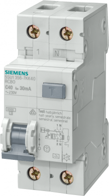 Siemens RCBO, 6 kA, 1P+N, type A, 30 mA, C-Char, In: 13 A, Un AC: 230 V 5SU1356-7KK13 | Elektrika.lv
