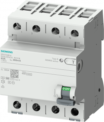 Siemens Residual current operated circuit breaker, 4-pole, Type B, short-time delayed, In: 80 A, 30 mA, Un A 5SV3347-4 | Elektrika.lv