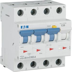 EATON 3N 20A 30mA C-LS-Char, FI-Char: A Residual-current circuit breaker with overcurrent protection (RCBO) mRB4-20/3N/C/003-A 120677 | Elektrika.lv