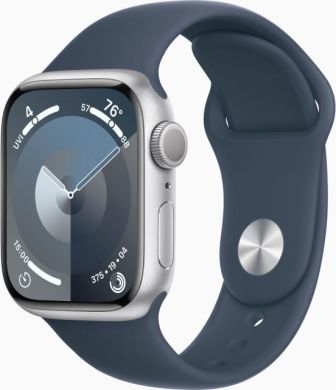 Apple Apple Watch Series 9 GPS, Zila Storm Blue Sport siksniņa, Izmērs S/M, 41mm Alumīnija Sudraba korpuss MR903ET/A | Elektrika.lv