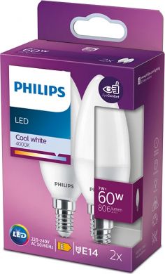 Philips LED bulb, candle-shaped 60W 4000K 806Lm  B38 E14 CW FR ND 2pcs. 929002978732 PL1 | Elektrika.lv