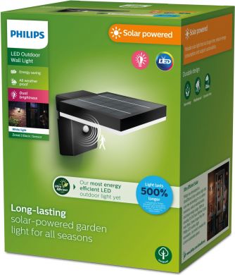Philips Outdoor wall luminaire Zonal UE SR With solar battery WA SQ 1.3W 3000K 250/25lm IR 06 IP44 Black 929004066701 | Elektrika.lv