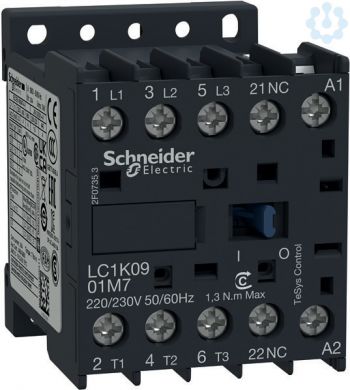 Schneider Electric TeSys K contactor, 3p(3 NO), AC-3, <= 440 V 9A, 48 V AC coil. range: TeSys - device short name: LC1K - contactor application: motor control, resistive load - utilisation category: AC-1, AC-3, AC-4 - poles description: 3P - pole contact composition: 3 LC1K0901E7 | Elektrika.lv