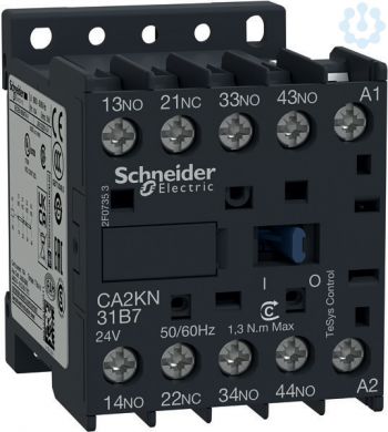 Schneider Electric TeSys K control relay, 3 NO+1 NC, <= 690 V, 110 V AC coil. range: TeSys - product or component type: control relay - device short name: CA2K - contactor application: control circuit - utilisation category: AC-15, DC-13 - pole contact composition: 3 N CA2KN31F7 | Elektrika.lv
