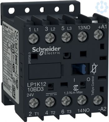 Schneider Electric TeSys K contactor, 3p(3 NO), AC-3, <= 440 V 12A, 24 V DC coil. range: TeSys - product or component type: contactor - device short name: LP1K - contactor application: motor control, resistive load - utilisation category: AC-1, AC-3, AC-4 - poles descr LP1K1210BD3 | Elektrika.lv