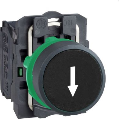 Schneider Electric Black flush complete pushbutton Ø22 spring return 1NO "down arrow". range of product: Harmony XB5 - device short name: XB5 - fixing collar material: plastic - mounting diameter: 22 mm - contacts operation: slow-break - connections - terminals: screw XB5AA3351 | Elektrika.lv