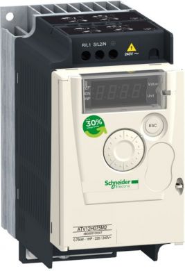 Schneider Electric Variable speed drive ATV12, 0,75kW, 1hp, 200..240V, 1ph, with heat sink. range of product: Altivar 12 - product or component type: variable speed drive - product destination: asynchronous motors - assembly style: with heat sink - component name: ATV1 ATV12H075M2 | Elektrika.lv