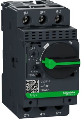 Schneider Electric TeSys GV2, Circuit breaker, thermal-magnetic, 4…6,3A, screw clamp terminals. range: TeSys - device short name: GV2P - product or component type: circuit breaker - circuit breaker application: motor protection - network type: AC - utilisation category GV2P10 | Elektrika.lv