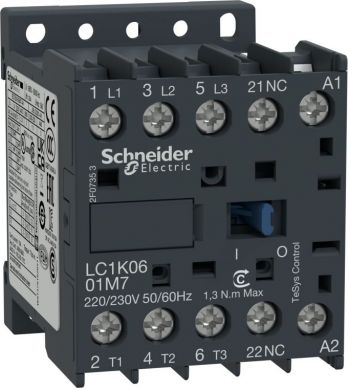 Schneider Electric TeSys K contactor, 3p(3 NO), AC-3, <= 440 V 6A, 220...230 V AC coil. range: TeSys - product or component type: contactor - device short name: LC1K - contactor application: motor control - utilisation category: AC-3, AC-4 - poles description: 3P - pol LC1K0601M7 | Elektrika.lv