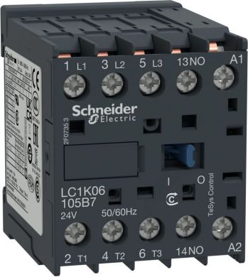 Schneider Electric TeSys K contactor, 3p(3 NO), AC-3, <= 440 V 9A, 48 V AC coil. range: TeSys - contactor application: motor control, resistive load - utilisation category: AC-1, AC-3, AC-4 - pole contact composition: 3 NO - [Ie] rated operational current: 16 A (<= 70 LC1K09105E7 | Elektrika.lv