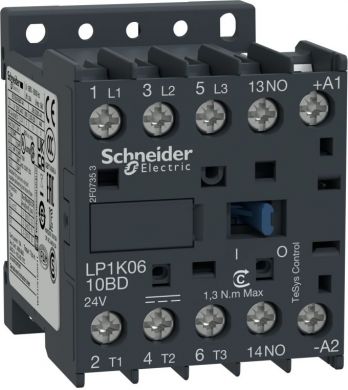 Schneider Electric TeSys K contactor, 3p(3 NO), AC-3, <= 440 V 6A, 24 V DC coil. range: TeSys - device short name: LP1K - contactor application: motor control - utilisation category: AC-3, AC-4 - poles description: 3P - pole contact composition: 3 NO - [Ue] rated opera LP1K0610BD | Elektrika.lv